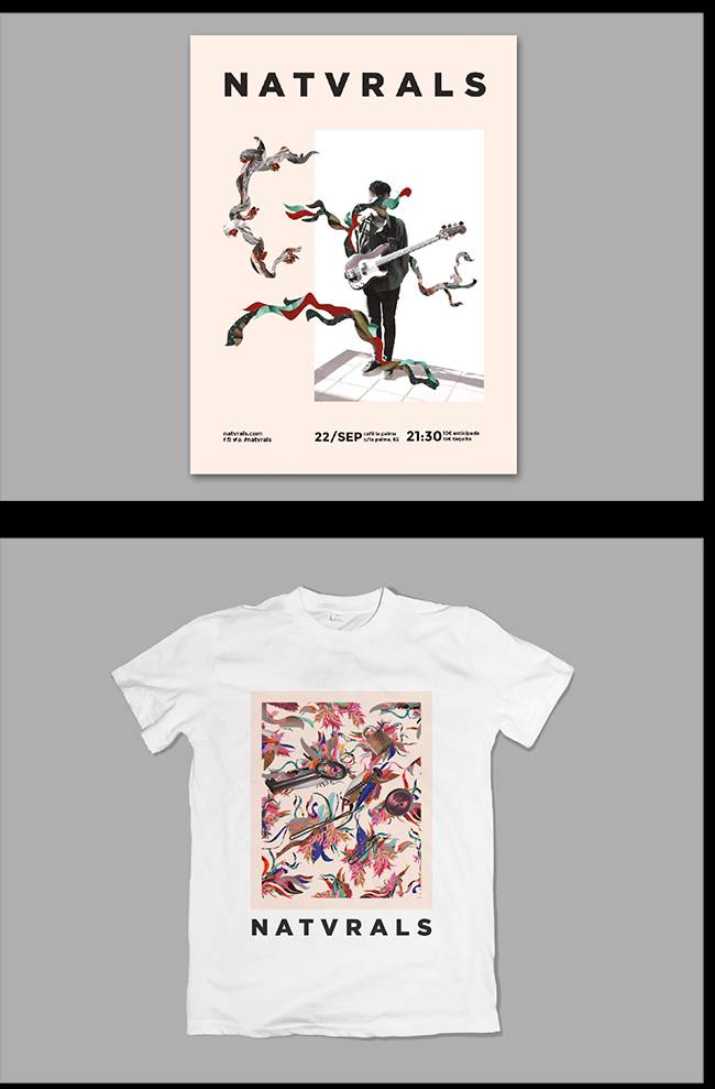 El objeto muestra un cartel y una camiseta de la banda NATVRALS con ilustraciones coloridas.