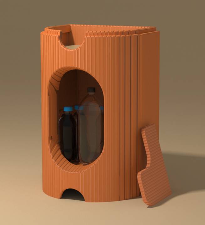Un recipiente de color naranja con diseño estriado que guarda botellas en su interior.