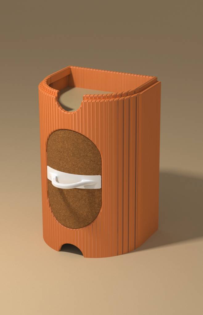 Un contenedor de color naranja con una textura estriada y una parte frontal de un material marrón.