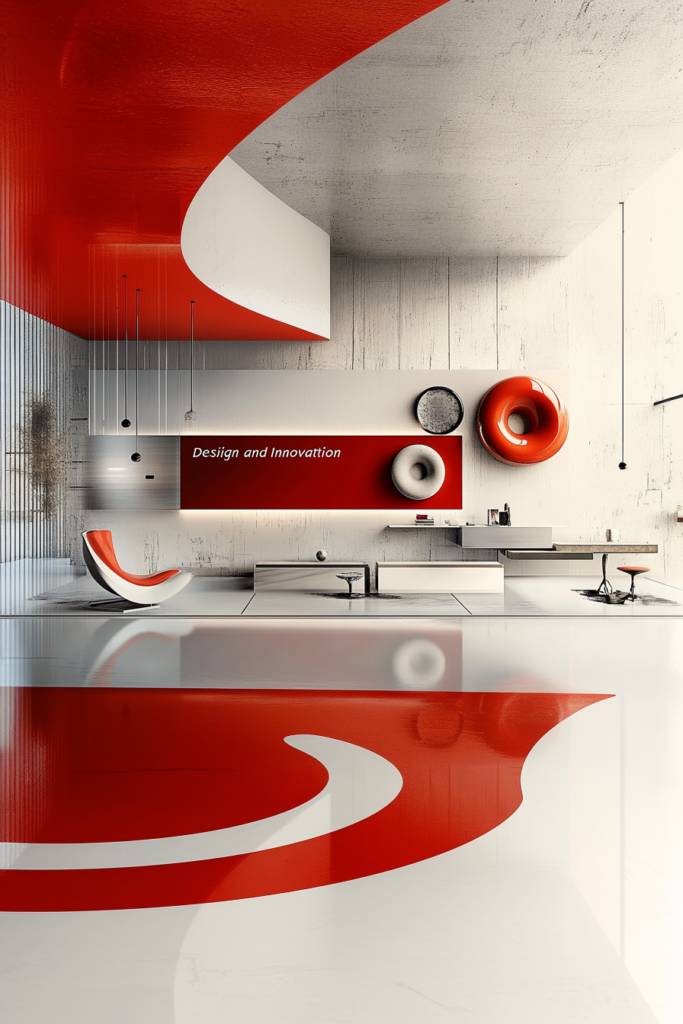 Una moderna habitación de diseño con elementos en rojo y blanco que destacan los conceptos de innovación.