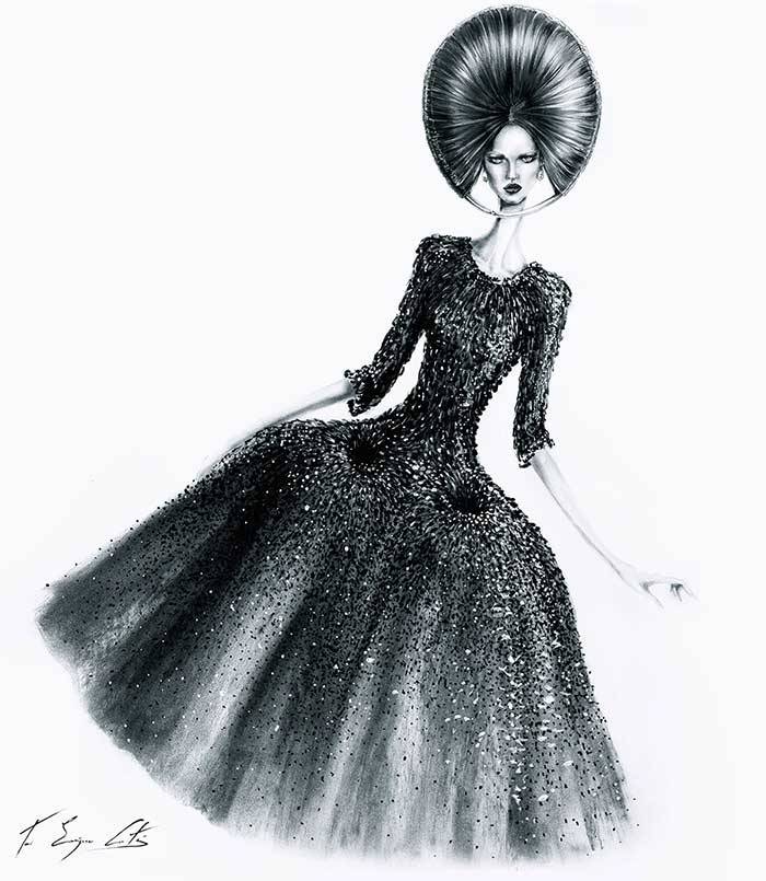 Un elegante boceto de moda que presenta un vestido de gala negro con detalles brillantes y un peinado distintivo.