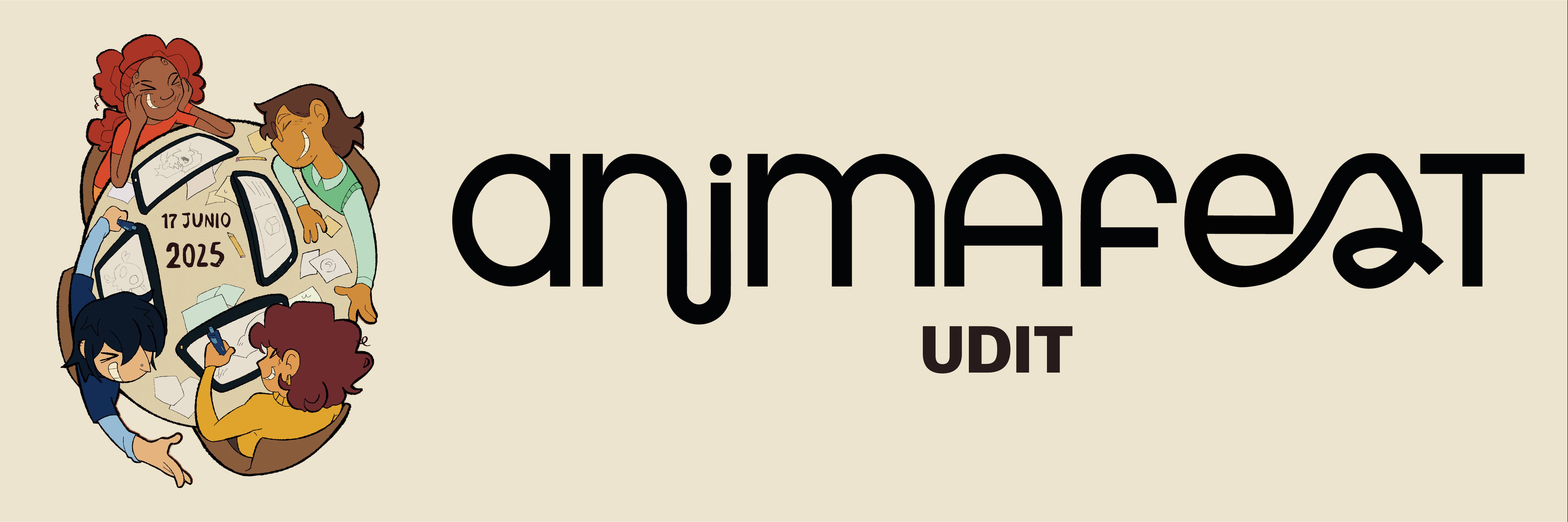 Un cartel colorido que anuncia un evento llamado AnimaFeat, con ilustraciones de personas participando y detalles de la fecha y lugar.