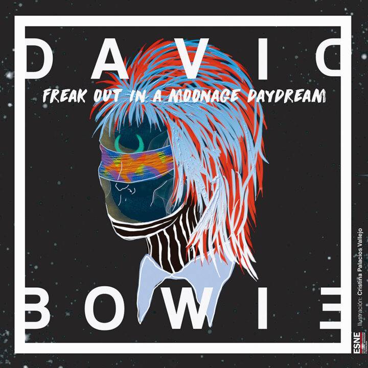 Ilustración colorida de un personaje con cabello brillante y un visor, evocando una atmósfera surrealista.