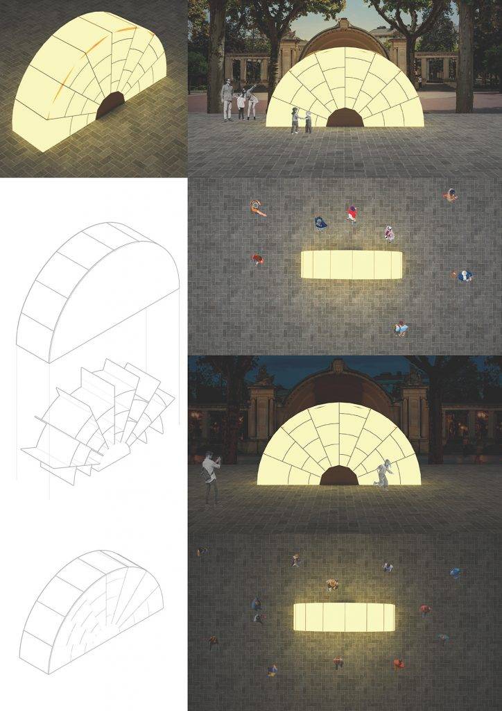 Una estructura arquitectónica iluminada en forma de semicírculo, situada en un espacio público donde varias personas interactúan alrededor.