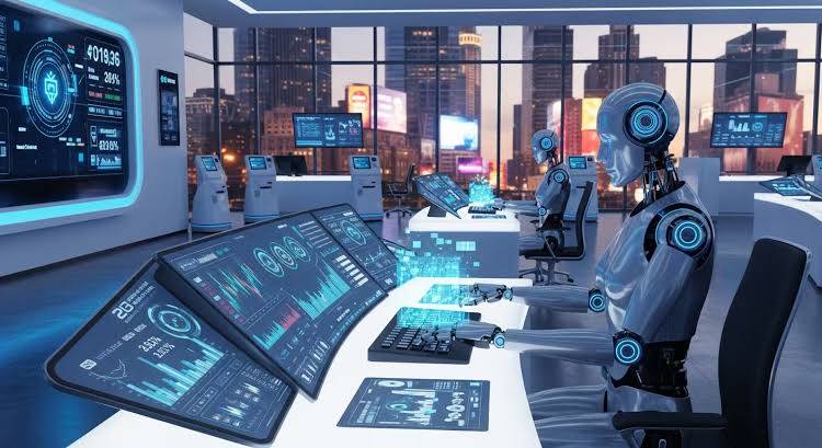 Un entorno futurista con robots trabajando en múltiples pantallas interactivas en una oficina moderna.
