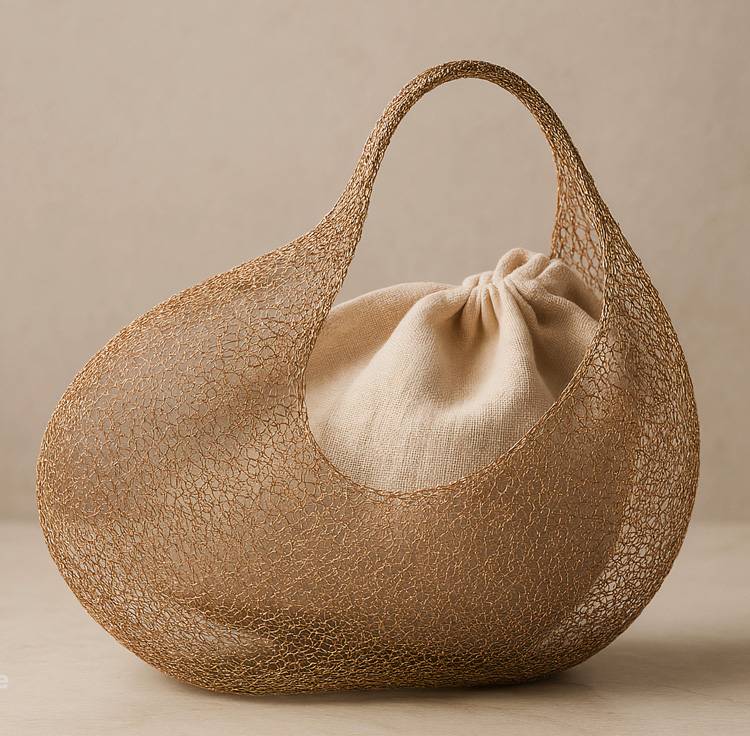 Es un bolso de malla dorada con un interior de tela beige.