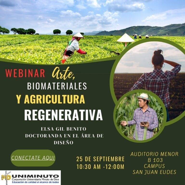 El imagen promociona un webinar sobre arte, biomateriales y agricultura regenerativa, con detalles del evento y ponente.