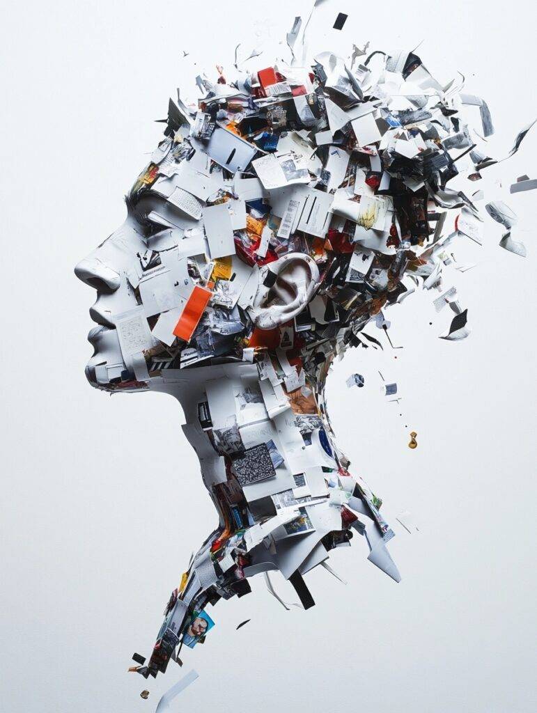 Una escultura creativa que representa un rostro humano compuesto de recortes de papel y fotografías.