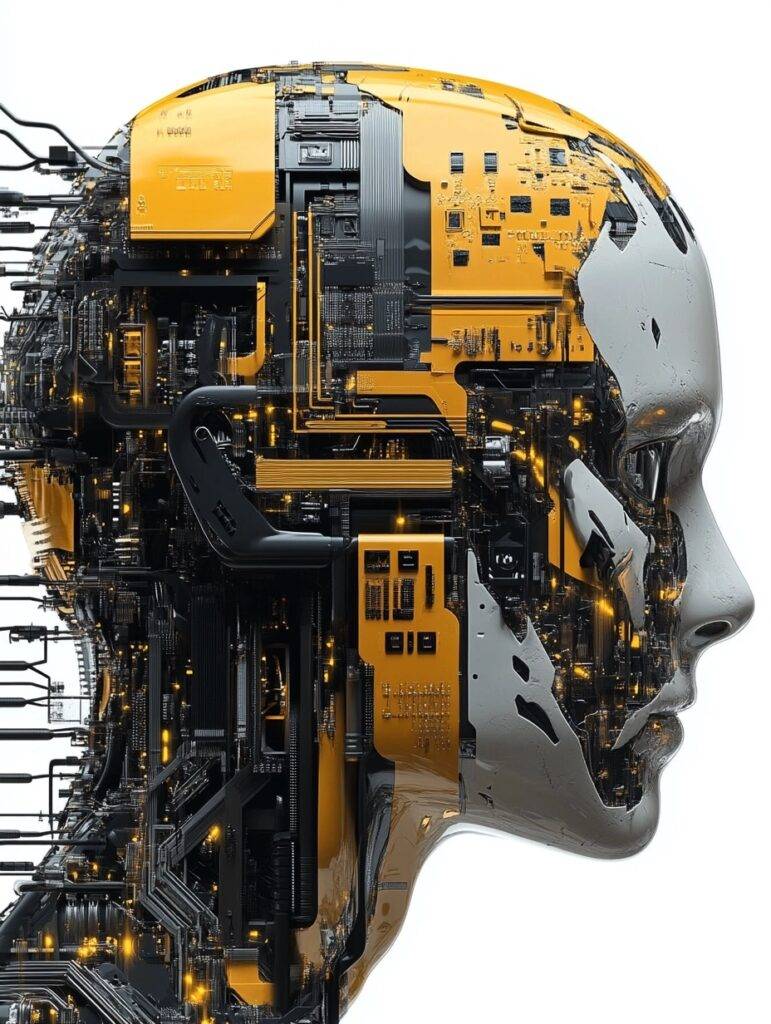 Una representación artística de un rostro humanoide compuesto por circuitos y componentes tecnológicos.