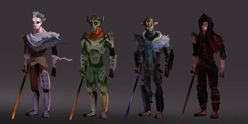 Cuatro personajes de estilo fantasy, cada uno con armaduras únicas y armas en mano.