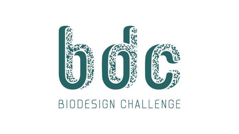 Logo del Biodesign Challenge que presenta las letras 'bdc' con un diseño creativo.