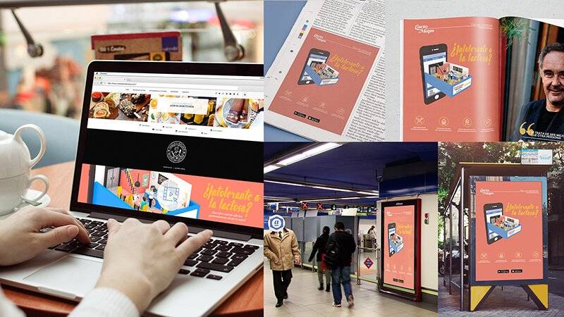 Una composición que muestra un dispositivo digital y publicidad en varios formatos, incluyendo un anuncio en una pantalla y un libro, ambientada en un entorno urbano.
