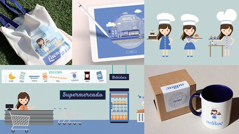 Collage de ilustraciones relacionadas con un supermercado y productos de cocina.