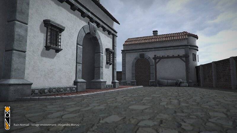 Una vista de un entorno de aldea con edificios de estilo tradicional.