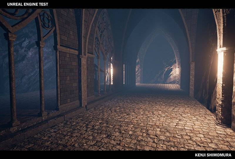 Un pasillo iluminado con arcos y piedras en el suelo, mostrando un ambiente oscuro y misterioso.