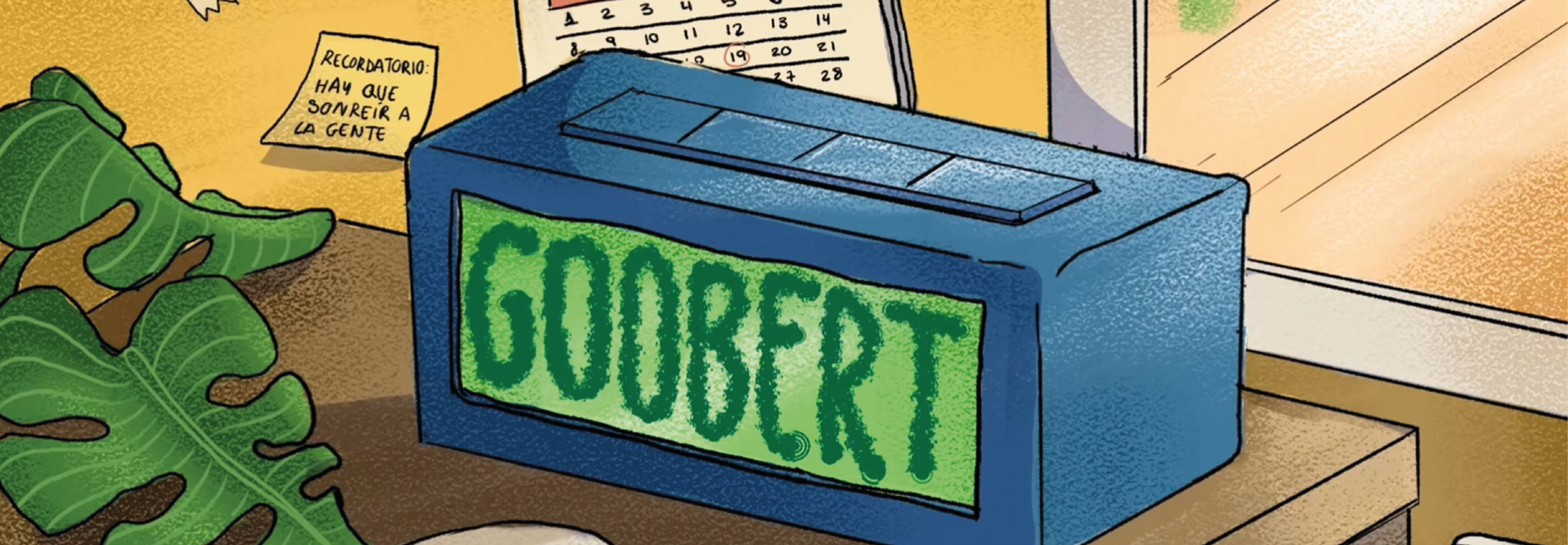 Un reloj de escritorio azul con la palabra 'GOOBERT' escrita en verde.