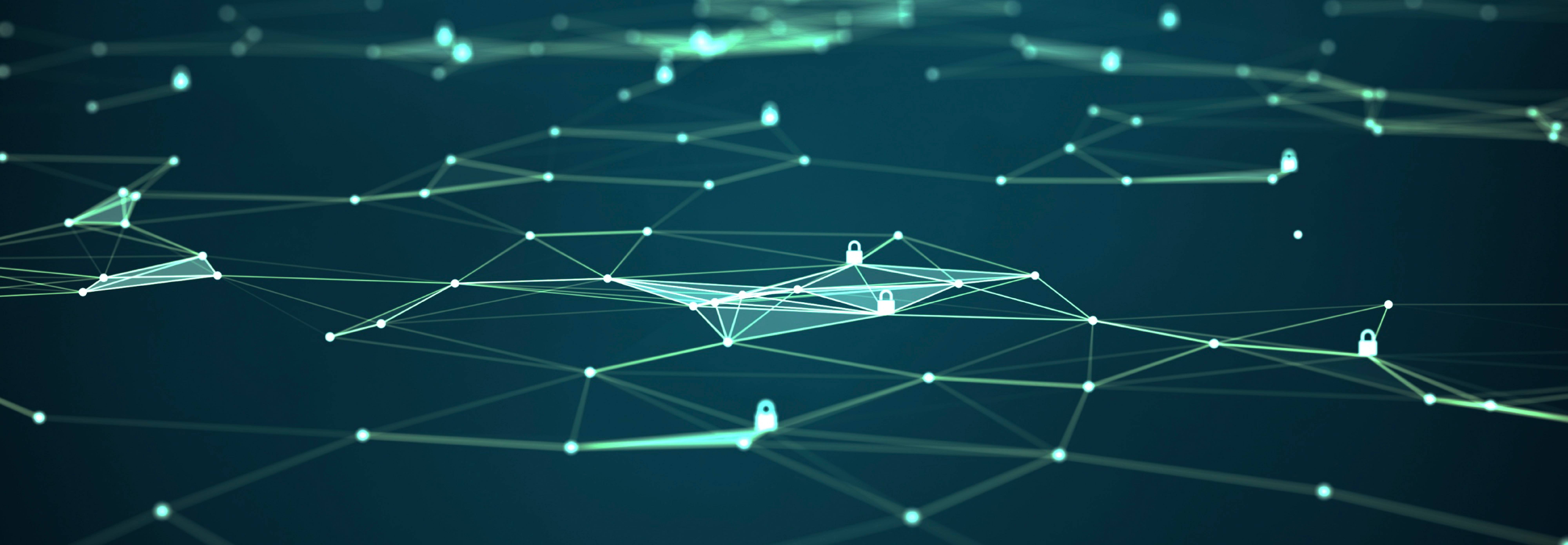 La imagen muestra una representación abstracta de redes conectadas con candados en un fondo oscuro.