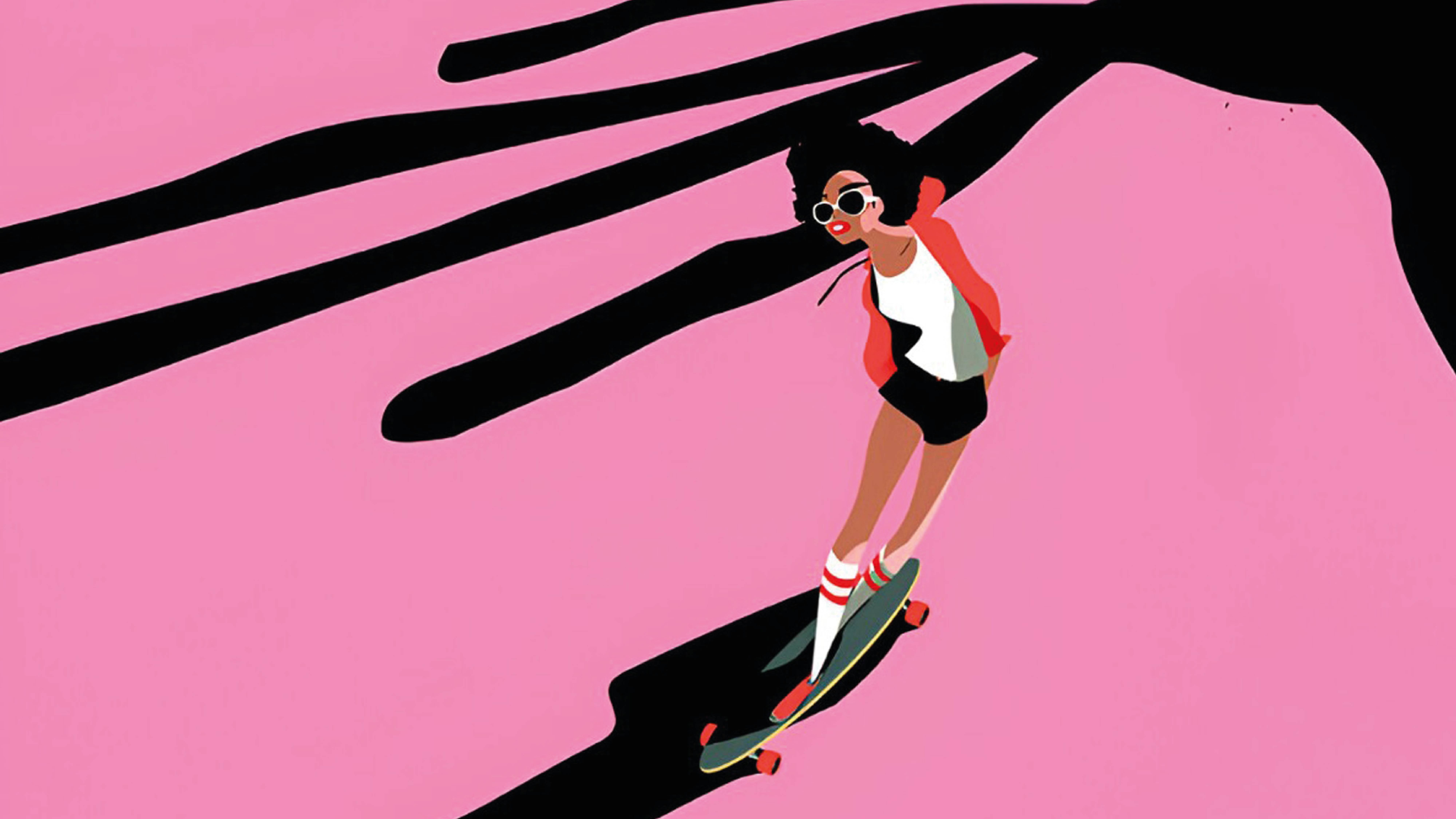 Una chica patinando sobre una patineta con fondo rosa y sombras alargadas.