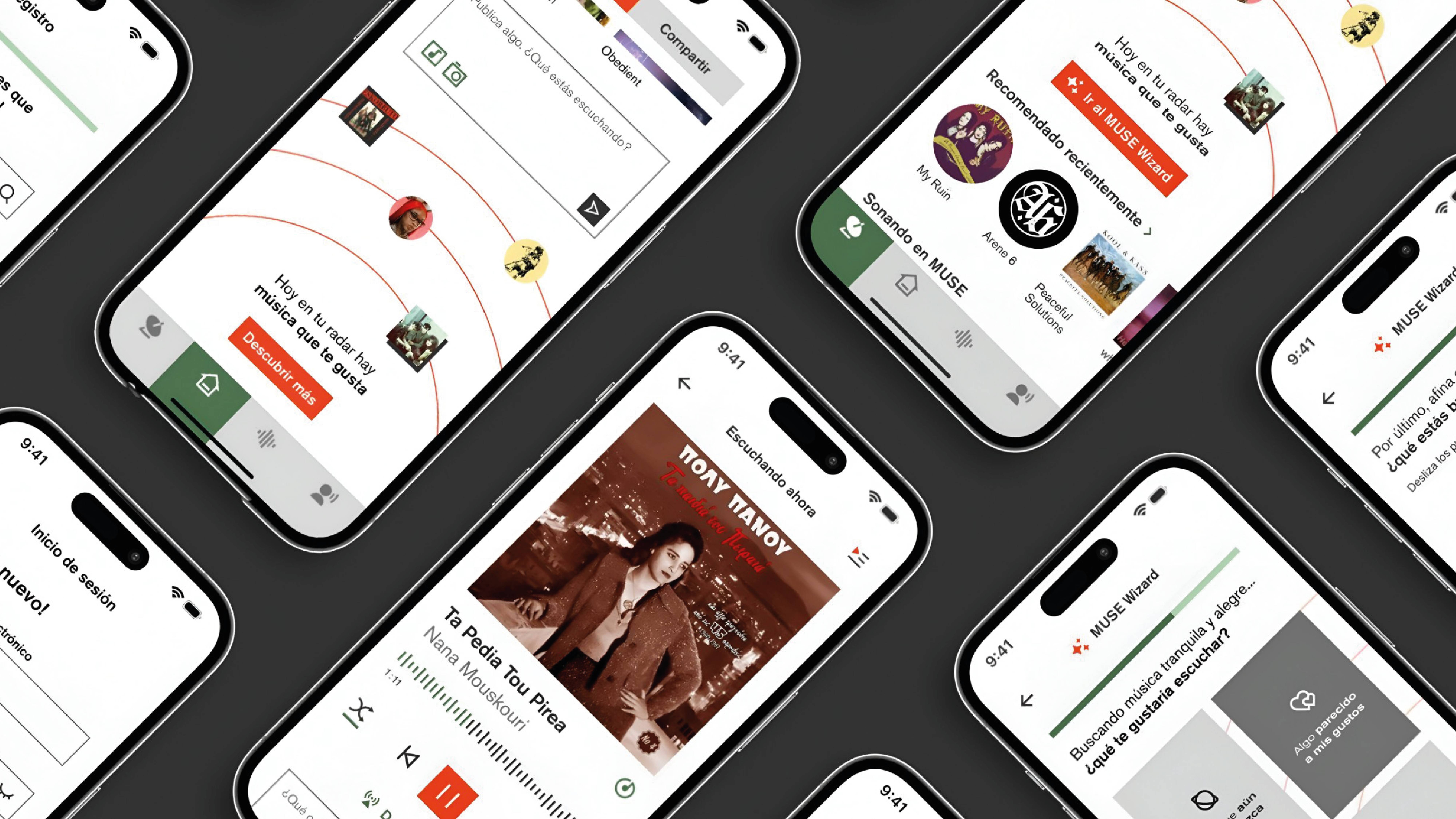 La imagen muestra varios teléfonos inteligentes con pantallas que exhiben aplicaciones de música y listas de reproducción.
