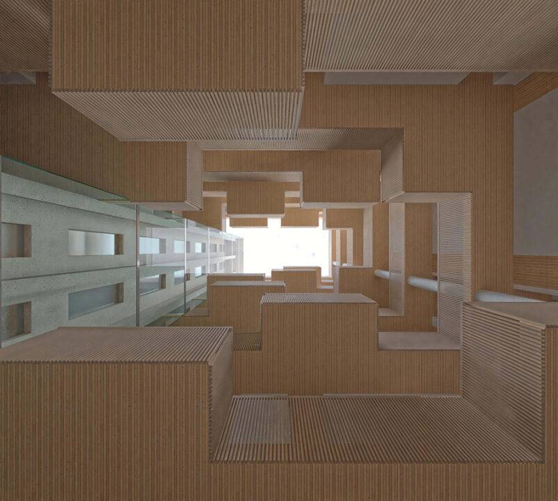 Una imagen que muestra un diseño arquitectónico con estructuras en madera y vidrio desde una perspectiva aérea.