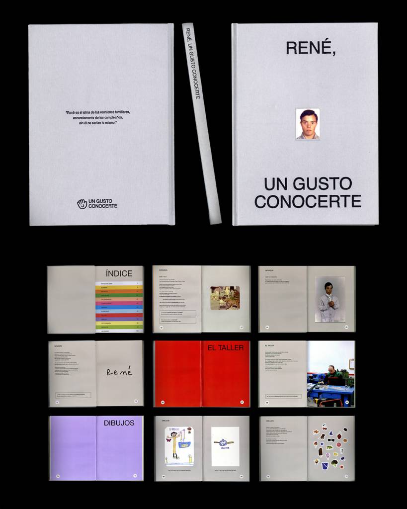 Un libro titulado 'René, un gusto conocerte' que presenta varias secciones y un diseño minimalista.