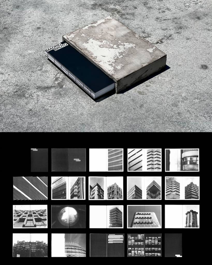 Una caja desgastada contiene fotografías en blanco y negro de arquitectura moderna.