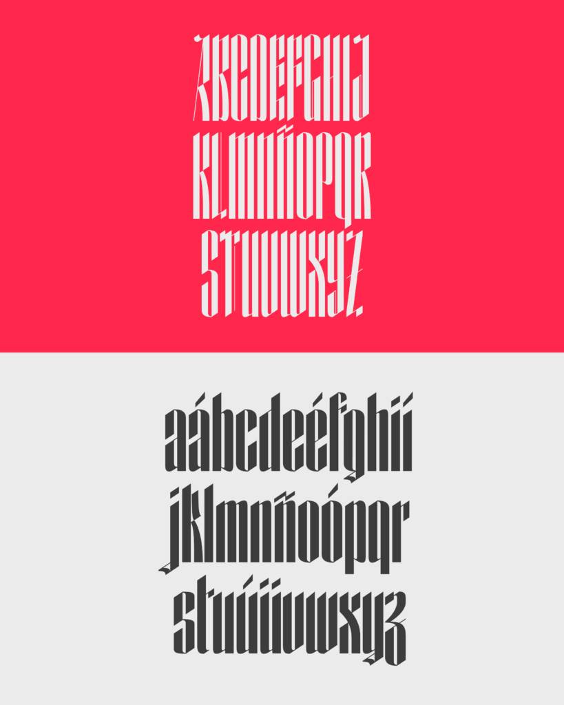 La imagen presenta dos conjuntos de letras en diferentes estilos tipográficos sobre un fondo de color vibrante.