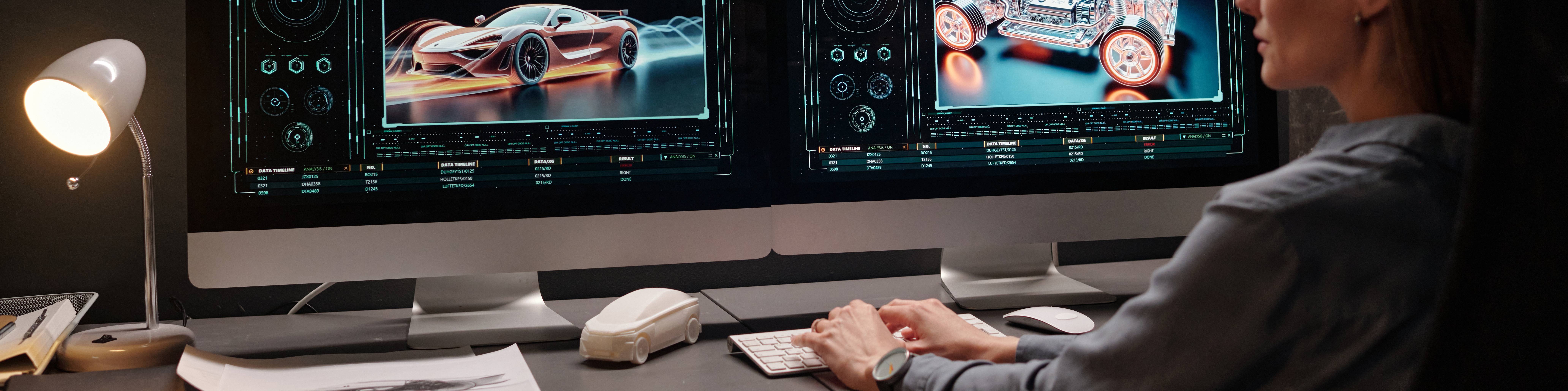 Una persona trabajando en un escritorio con dos pantallas que muestran diseños gráficos.