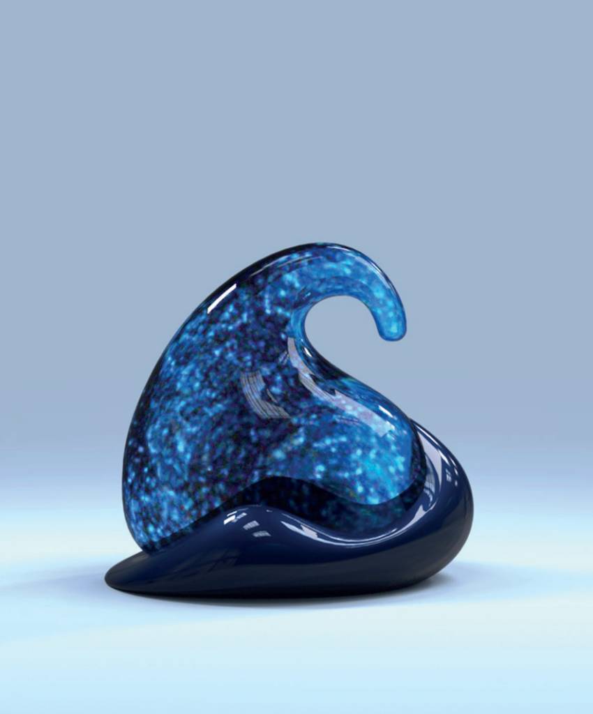 Una escultura abstracta que representa una ola de mar con efectos luminosos en tonos azules.