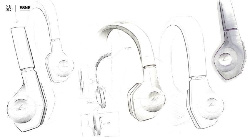 Esbozos de unos auriculares inalámbricos con un diseño moderno y elegante.