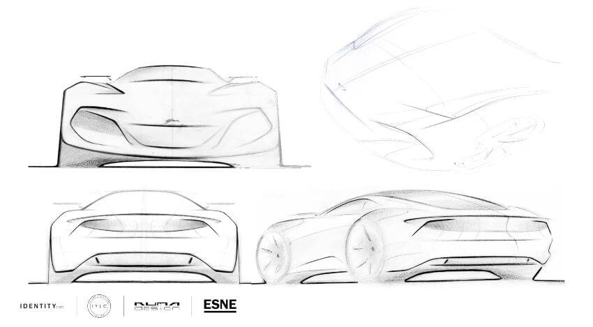 Esquemas de diseño de un automóvil deportivo en diferentes ángulos.