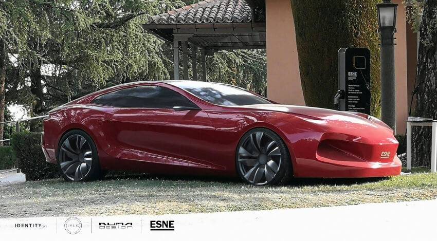 Un coche deportivo de color rojo con un diseño futurista aparcado en un entorno natural.