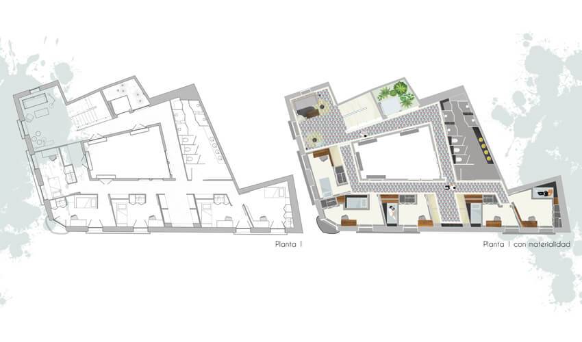 Plano arquitectónico de dos plantas, mostrando la disposición de espacios interiores y exteriores.