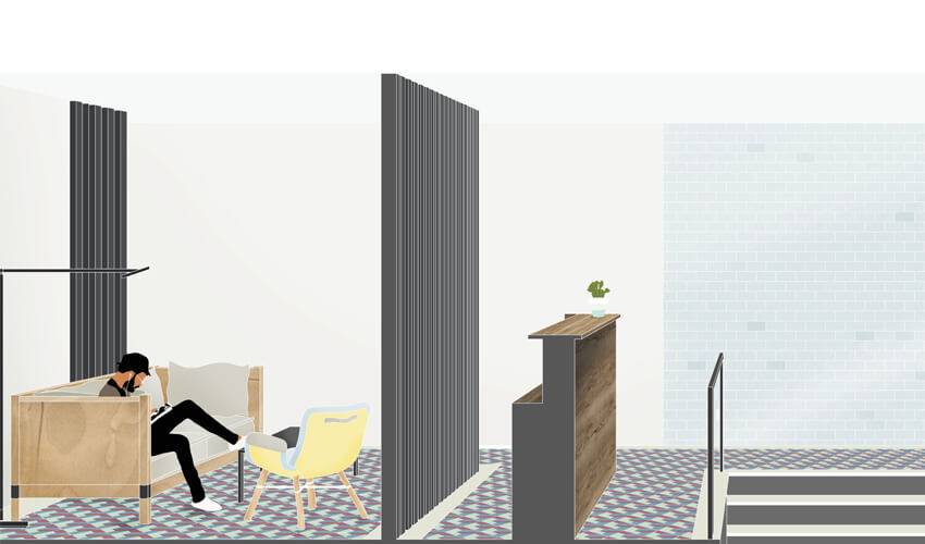 Una representación de un espacio interior moderno con un hombre sentado en un sofá y un mobiliario minimalista.
