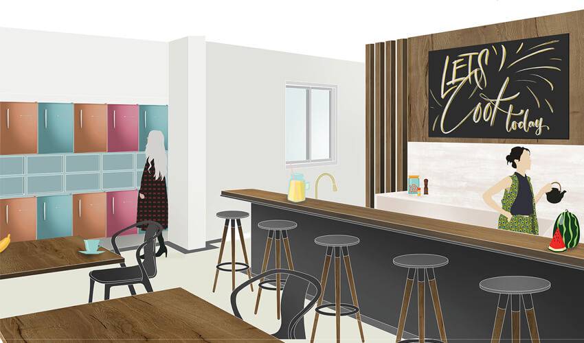Una cocina moderna con un diseño minimalista, donde se destaca un mensaje motivacional sobre cocinar.