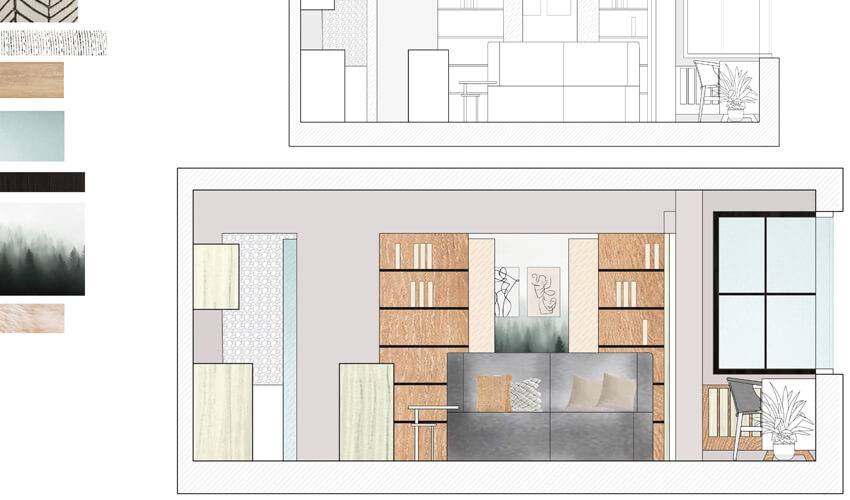 Diseño interior de una habitación moderna con estanterías y un sofá cómodo.
