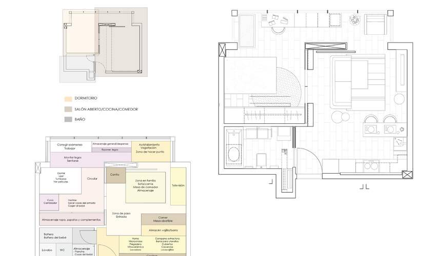 Diseño arquitectónico de un plano de vivienda con diversas habitaciones y áreas definidas.