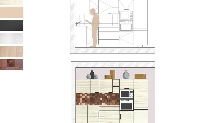 La imagen muestra un diseño de cocina con un esquema detallado y una paleta de colores junto a un rendering del mueble.