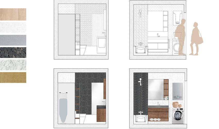 El diseño muestra diferentes estilos de interiores de baño con una variedad de materiales y colores.