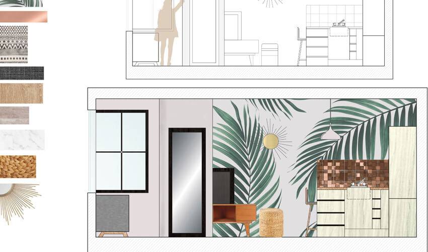Diseño interior de un espacio con paredes tropicales y muebles modernos.