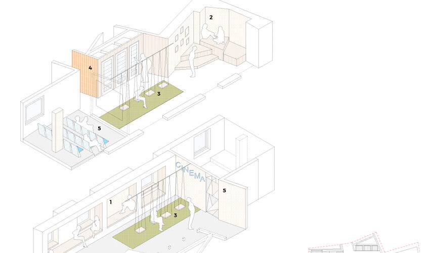 La imagen muestra un diagrama arquitectónico con diferentes espacios interiores y secciones etiquetadas numericamente.