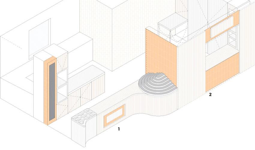 El diseño muestra una representación esquemática de una cocina con diferentes áreas funcionales.