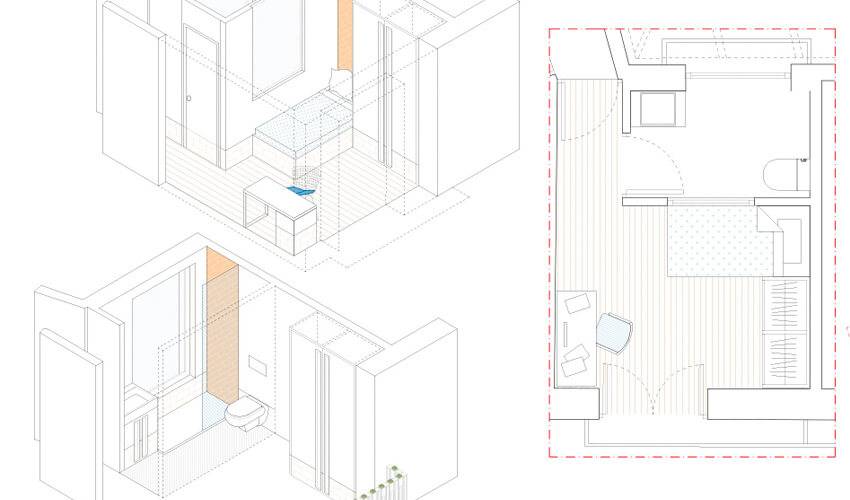 El diseño arquitectónico muestra un plano de un espacio interior con zonas diferenciadas como la sala y el baño.