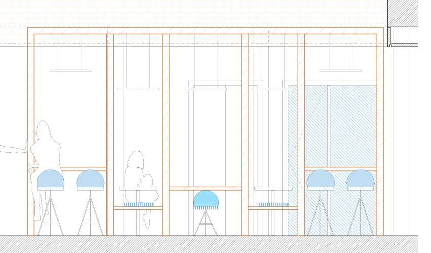 Diseño arquitectónico de un espacio interior con mesas y personas en un entorno moderno.
