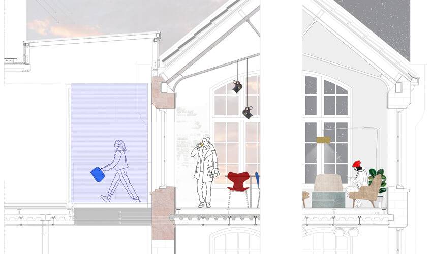 La imagen muestra una representación arquitectónica con una sección de un edificio y personas interaccionando en un espacio interior.