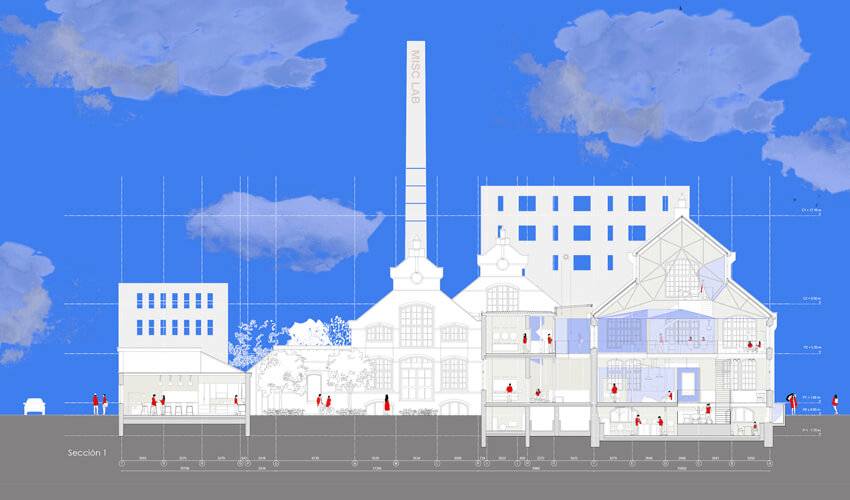 Sección arquitectónica de un edificio industrial con varias estructuras y personas interaccionando en el espacio.