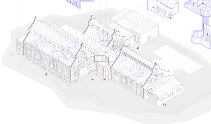 Diagrama arquitectónico en perspectiva de un edificio con detalles de diseño y personas representadas.