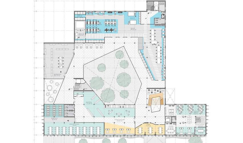 Plano arquitectónico de un edificio con áreas de diferentes usos y espacios verdes.