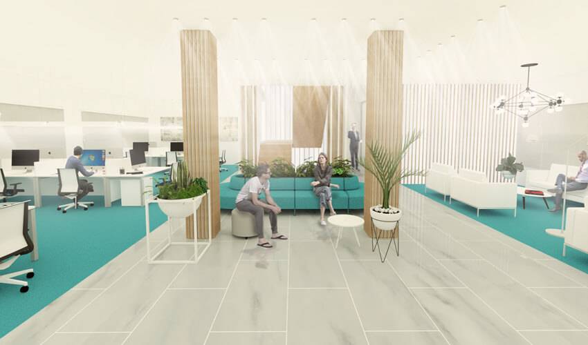 Una oficina moderna y luminosa con áreas de descanso y plantas decorativas.