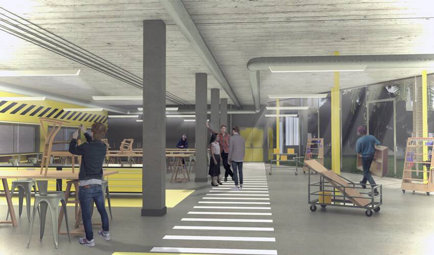 Un espacio interior moderno y luminoso con personas interactuando en un ambiente de trabajo creativo.